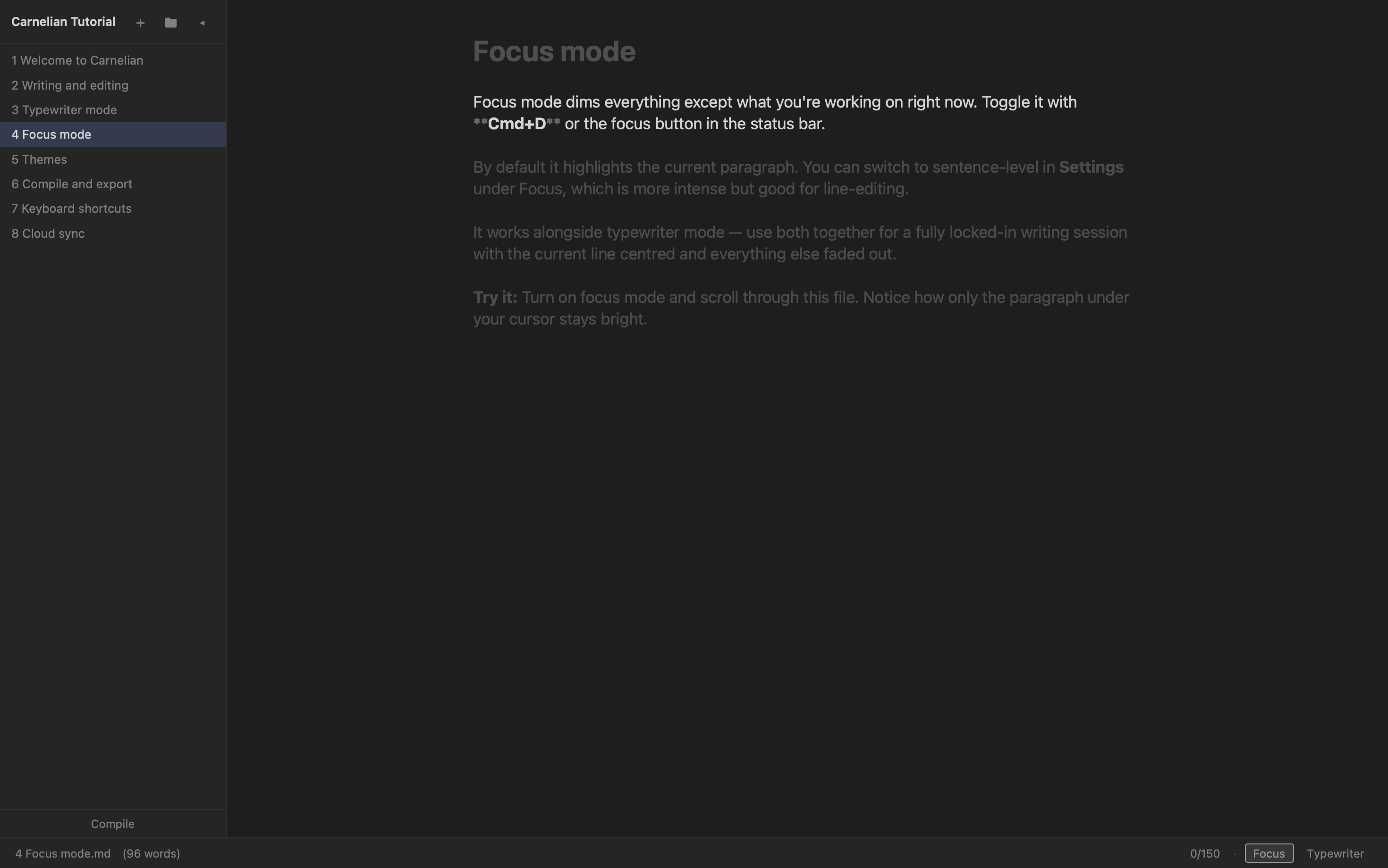 Focus mode dimming everything except the current paragraph